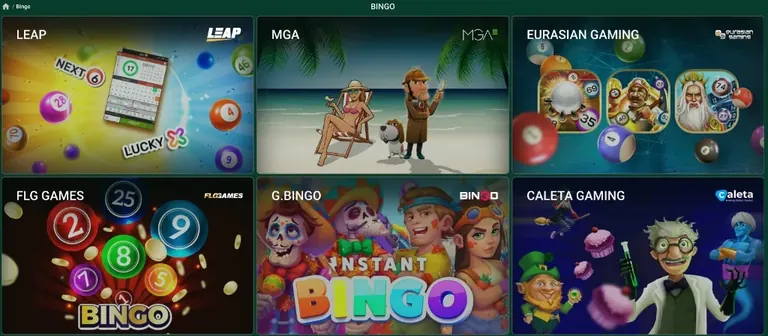 Bingo section with Leap, MGA, Eurasian Gaming, FLG Games, G.Bingo and Caleta Gaming